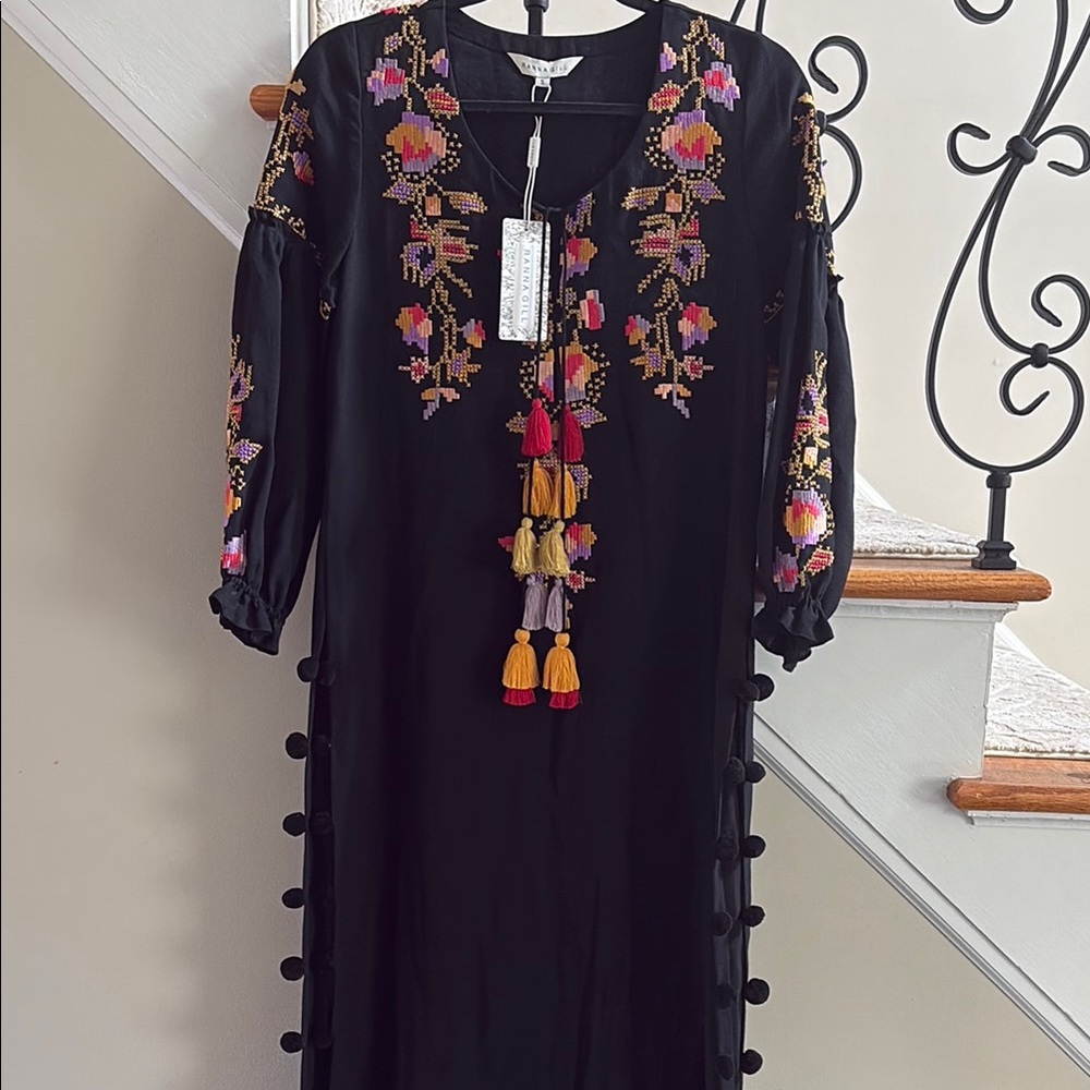 Embroidered Black Boho Maxi Dress with Tassels - Picture 1 of 4